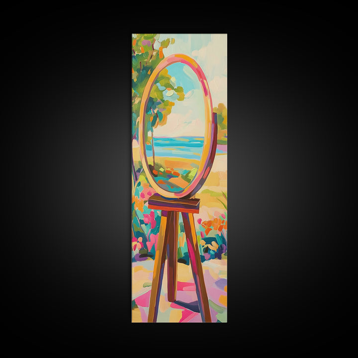 Oval Mirror By The Sea Wall Art, Coastal Garden Canvas Print For Bathroom Decor, Beach House Decor, Feminine Wall Decor, Home Decor