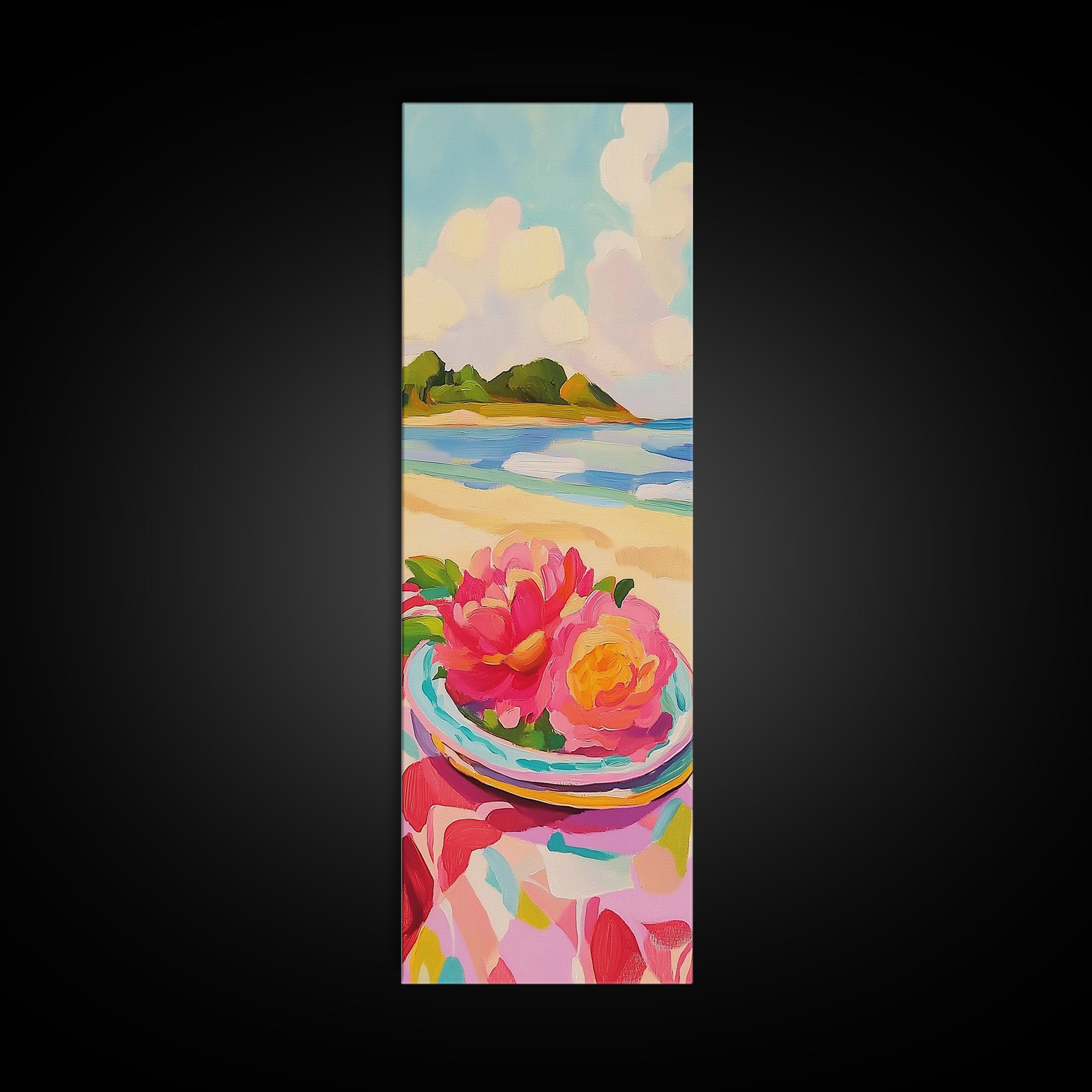 Pink Flowers On Sunny Beach Canvas Print, Coastal Seascape Wall Art, Feminine Summer Decor For Bedroom And Living Room Gift
