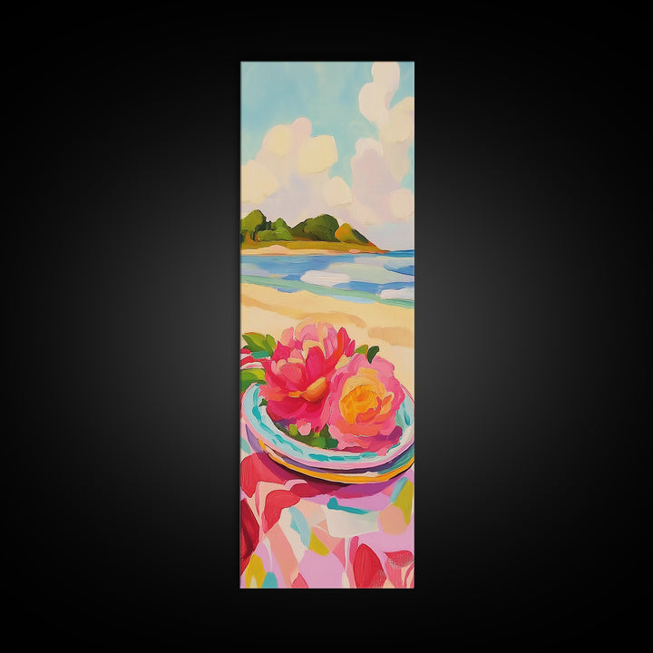 Pink Flowers On Sunny Beach Canvas Print, Coastal Seascape Wall Art, Feminine Summer Decor For Bedroom And Living Room Gift
