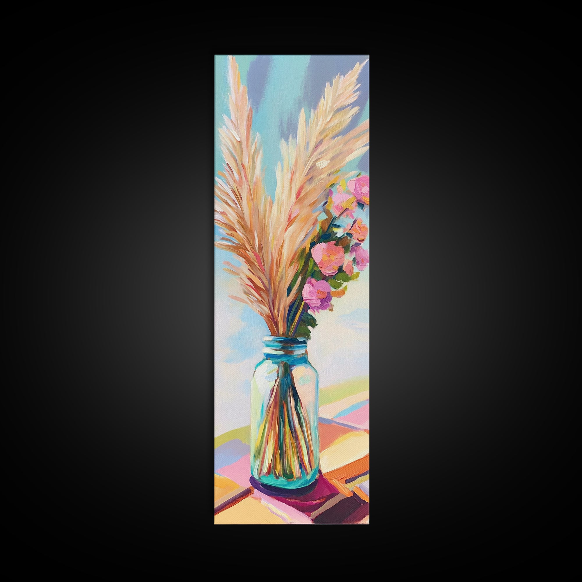 Pampas Grass In Blue Mason Jar Canvas Print, Boho Floral Wall Art, Neutral Home Decor, Rustic Bedroom Decor, Gift For Her
