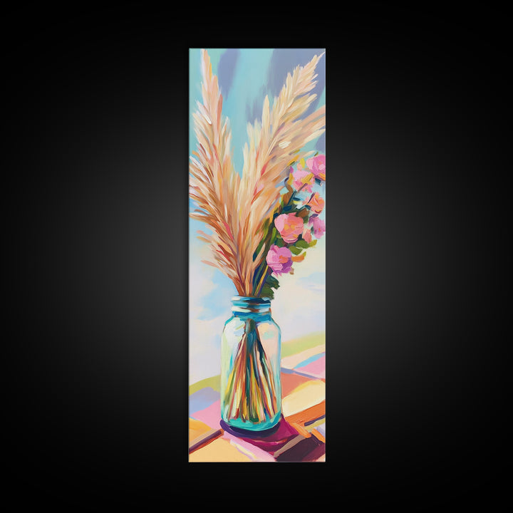 Pampas Grass In Blue Mason Jar Canvas Print, Boho Floral Wall Art, Neutral Home Decor, Rustic Bedroom Decor, Gift For Her