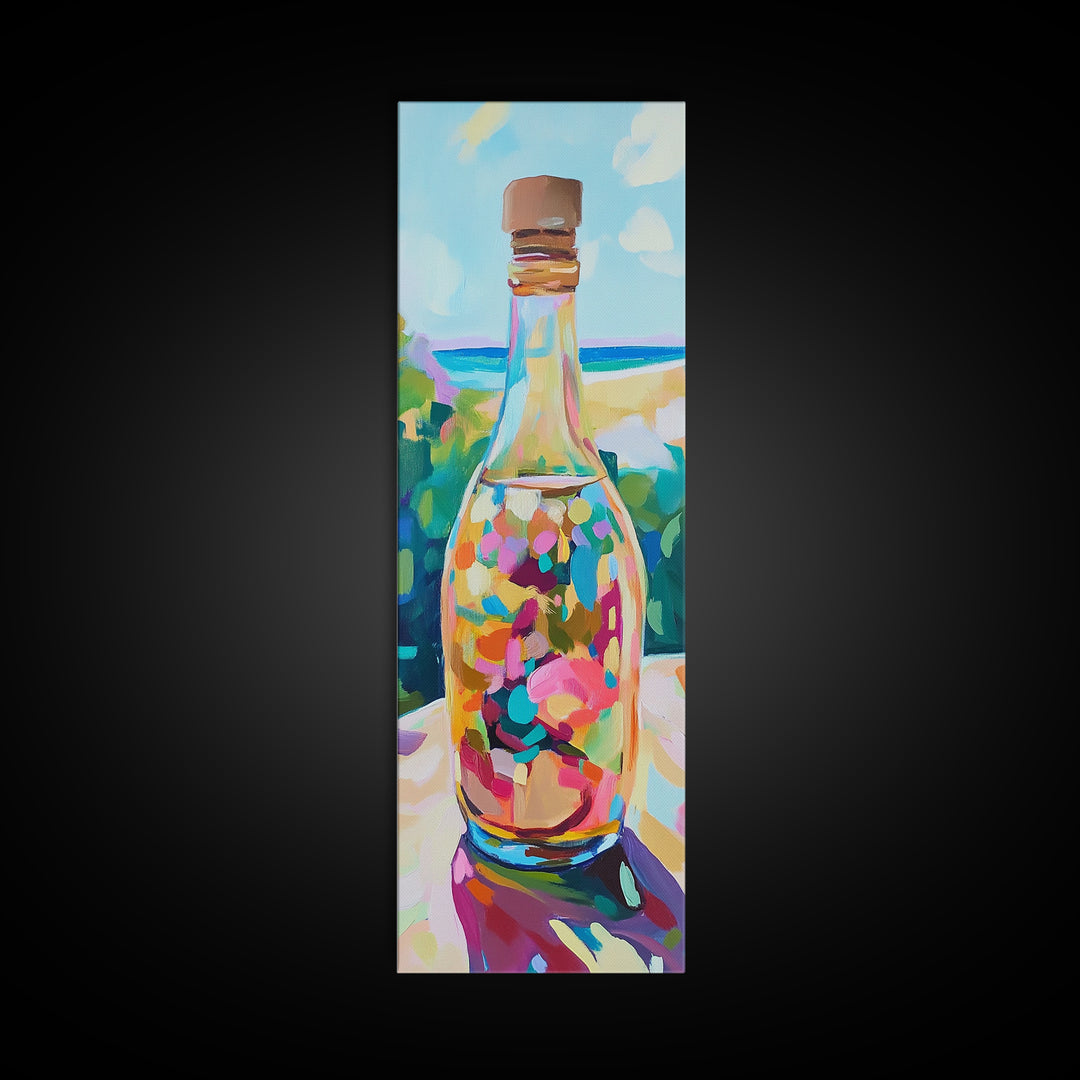 Colorful Sea Glass Bottle On Sunny Beach Wall Art, Coastal Canvas Wall Art, Beach House Decor, Vibrant Kitchen Art Print