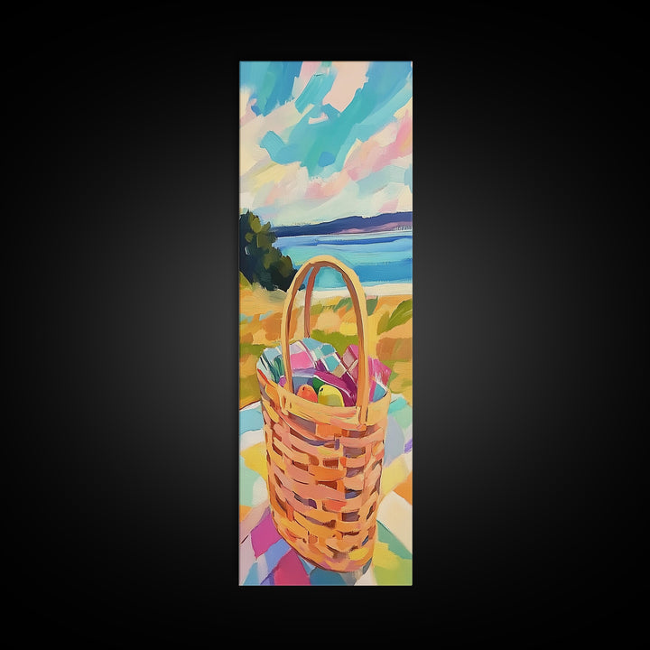 Woven Picnic Basket By Blue Ocean Wall Art, Coastal Beach House Decor, Summer Landscape Art, Framed Canvas Print, Gift For Her