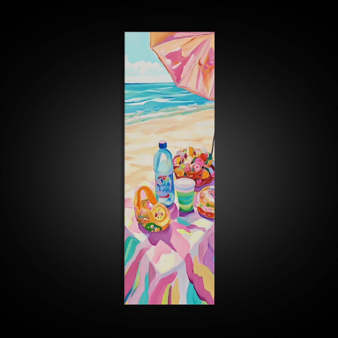 Beach Picnic Under Pink Umbrella Canvas Print, Coastal Wall Art, Colorful Beach House Decor, Summer Kitchen Art Print Gift