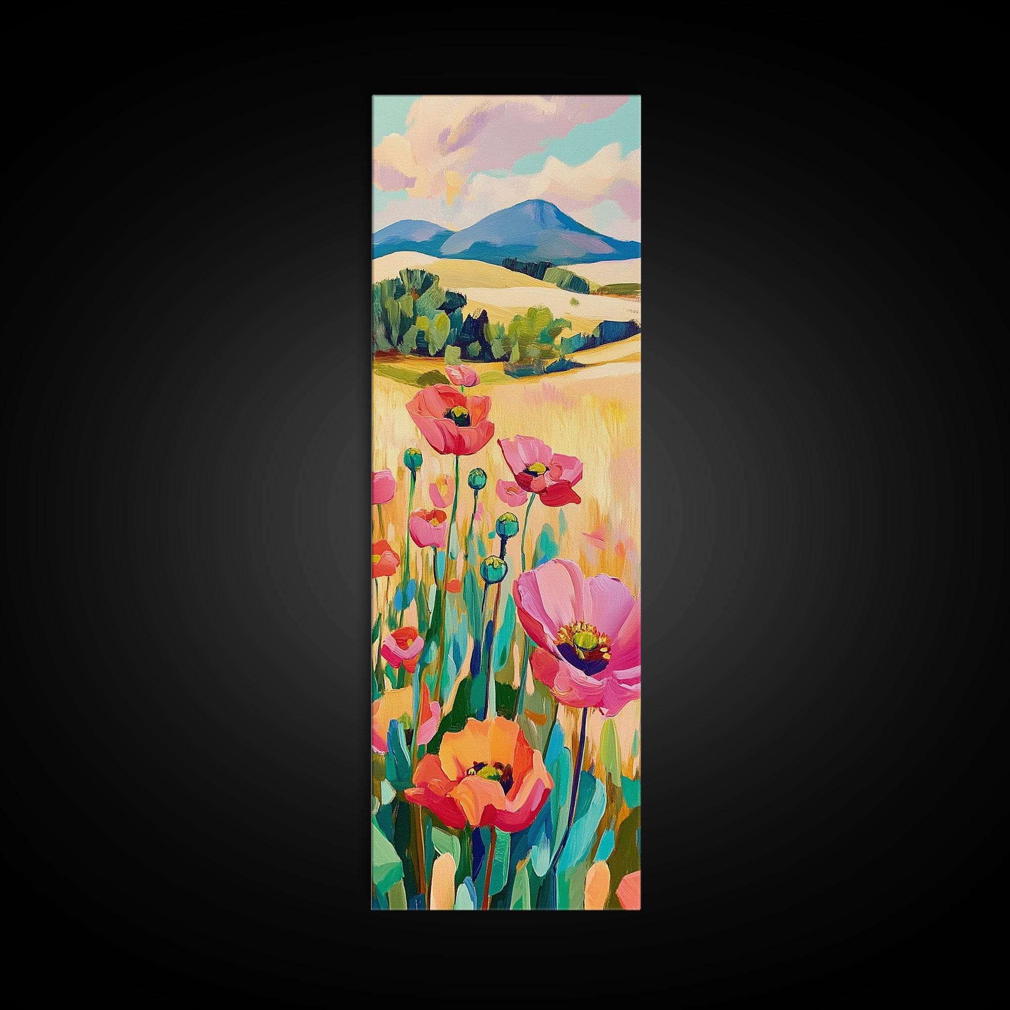 Pink Poppy Field Landscape Wall Art, Colorful Nature Canvas Print, Farmhouse Decor, Mountain Wall Art, Housewarming Gift