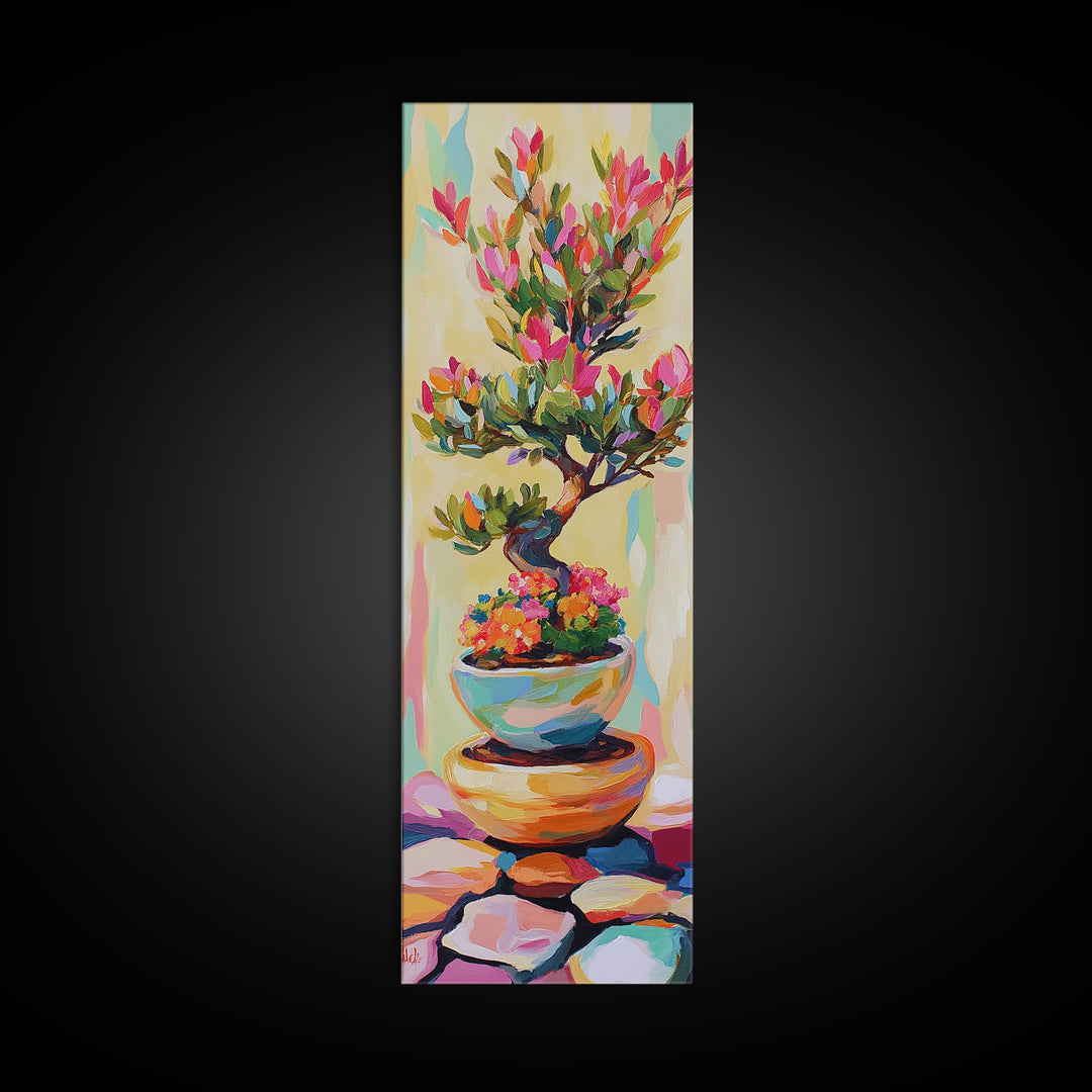 Flowering Bonsai Tree In Teal Pot Framed Canvas Print, Japandi Wall Art, Zen Home Decor, Botanical Decor, Housewarming Gift