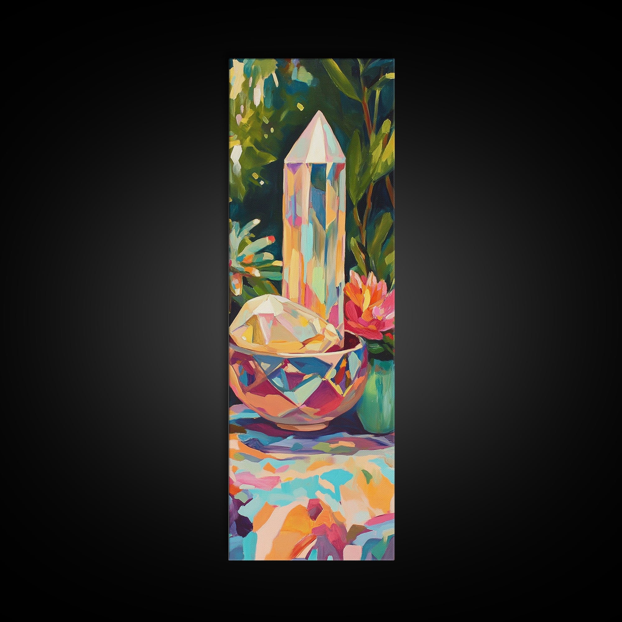Rainbow Crystal Points With Tropical Flowers Canvas Print, Mystical Wall Art, Boho Home Decor, Meditation Room Decor, Gift