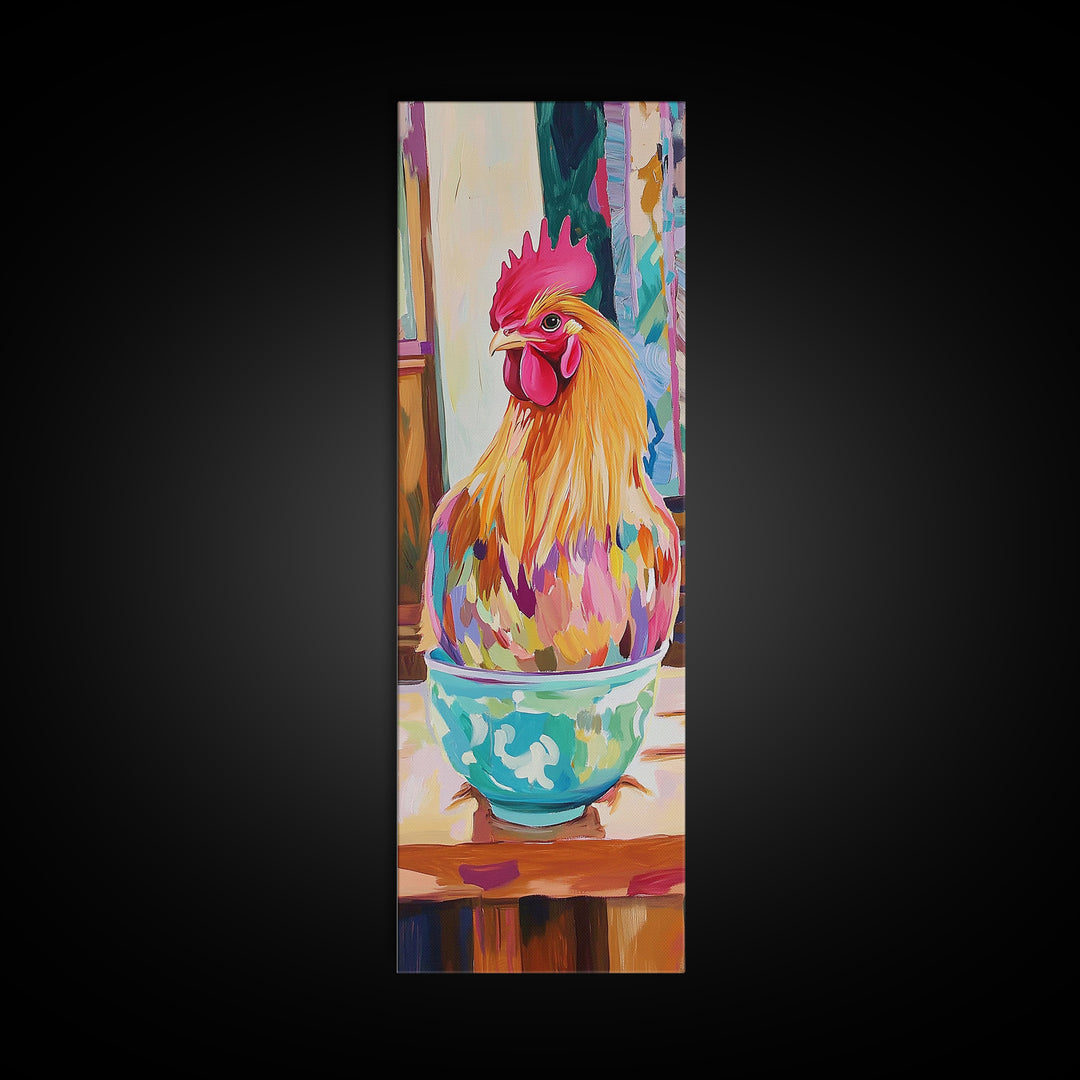 Whimsical Rooster In Teacup Wall Art, Farmhouse Kitchen Canvas Print, Colorful Chicken Decor, Rustic Country Art Gift Idea