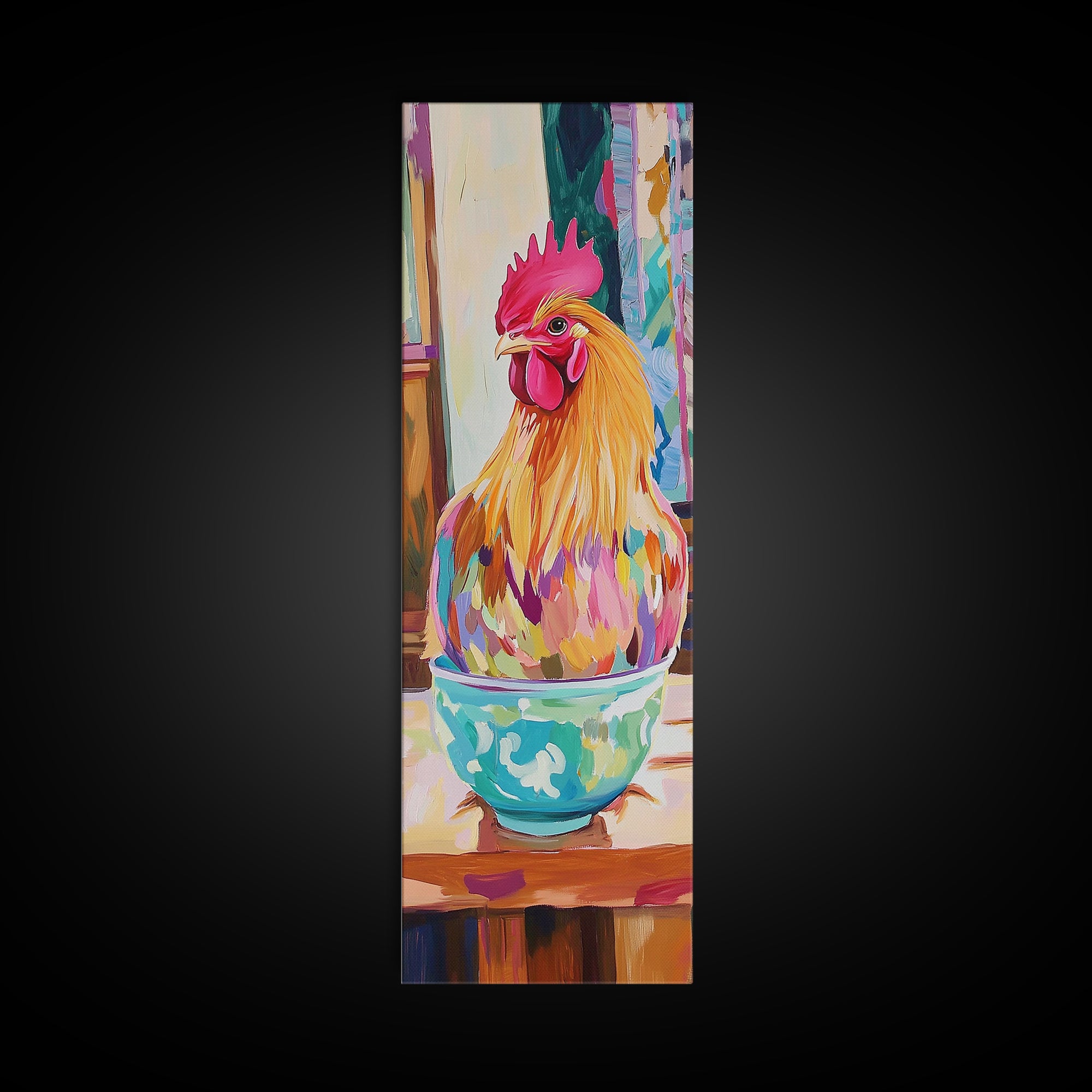 Whimsical Rooster In Teacup Wall Art, Farmhouse Kitchen Canvas Print, Colorful Chicken Decor, Rustic Country Art Gift Idea