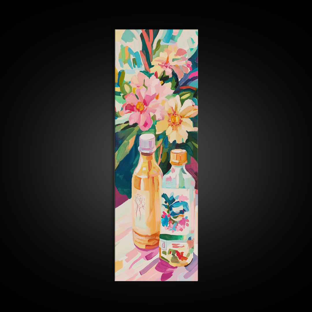 Tropical Flowers And Bottles Wall Art, Colorful Kitchen Canvas Print, Botanical Bar Cart Decor, Summer Dining Room Art Print