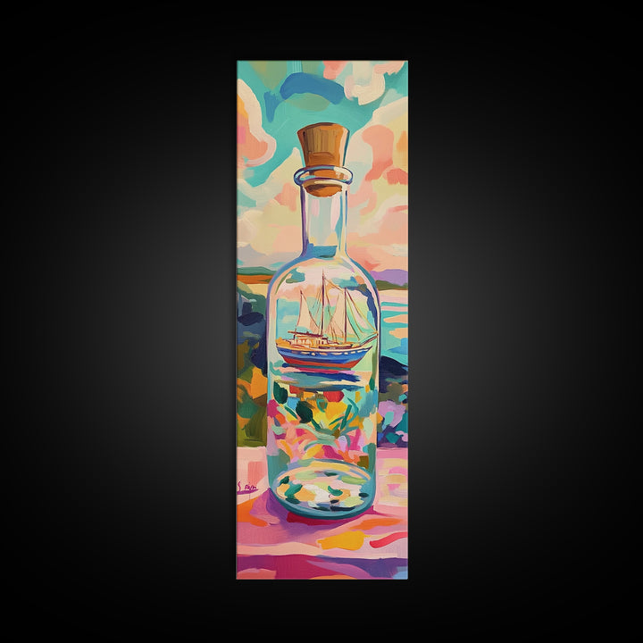 Sailing Ship In Glass Bottle Canvas Print, Coastal Wall Decor, Nautical Ocean Art, Beach House Decor, Gift For Sailboat Lover