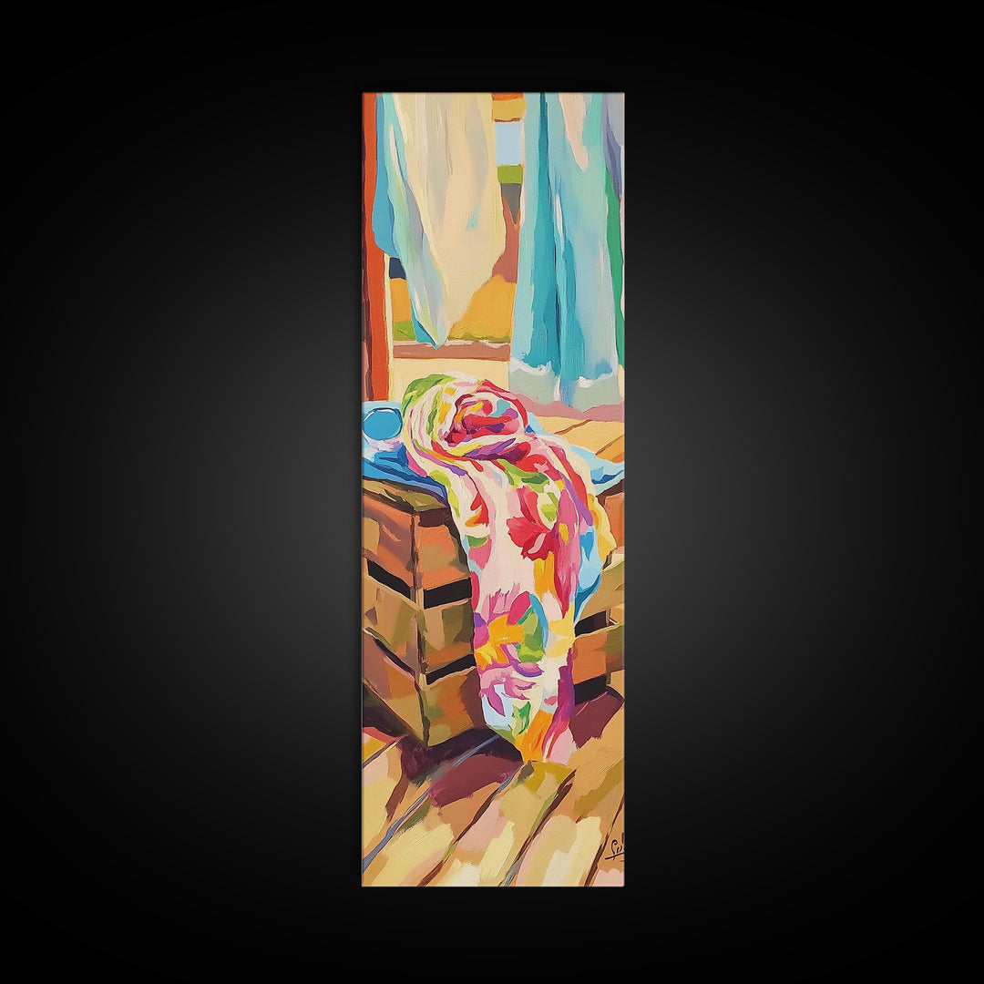 Beach Towels On Sunlit Chair Framed Canvas Print, Coastal Home Decor, Summer Beach House Art, Colorful Bathroom Wall Art