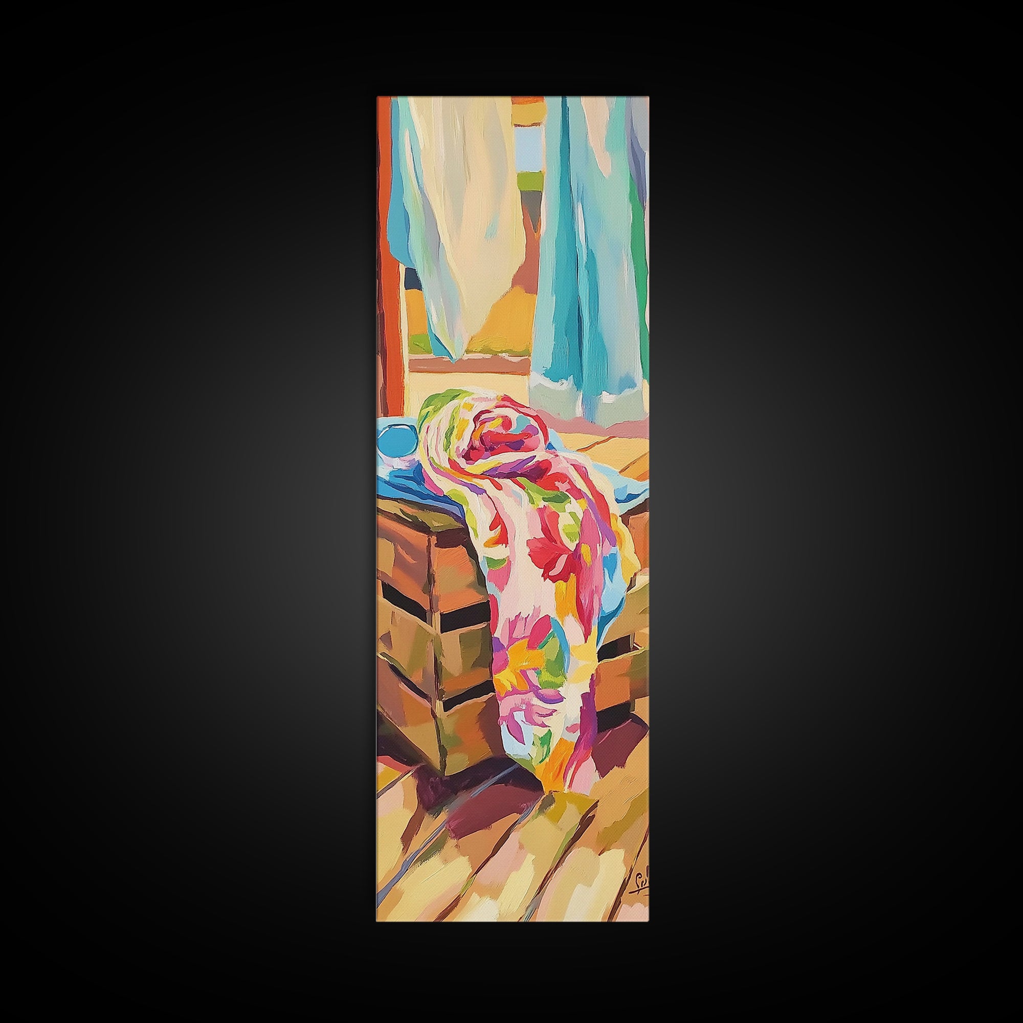Beach Towels On Sunlit Chair Framed Canvas Print, Coastal Home Decor, Summer Beach House Art, Colorful Bathroom Wall Art