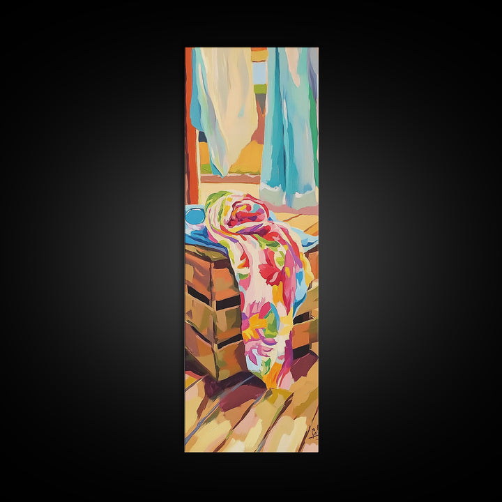 Beach Towels On Sunlit Chair Framed Canvas Print, Coastal Home Decor, Summer Beach House Art, Colorful Bathroom Wall Art