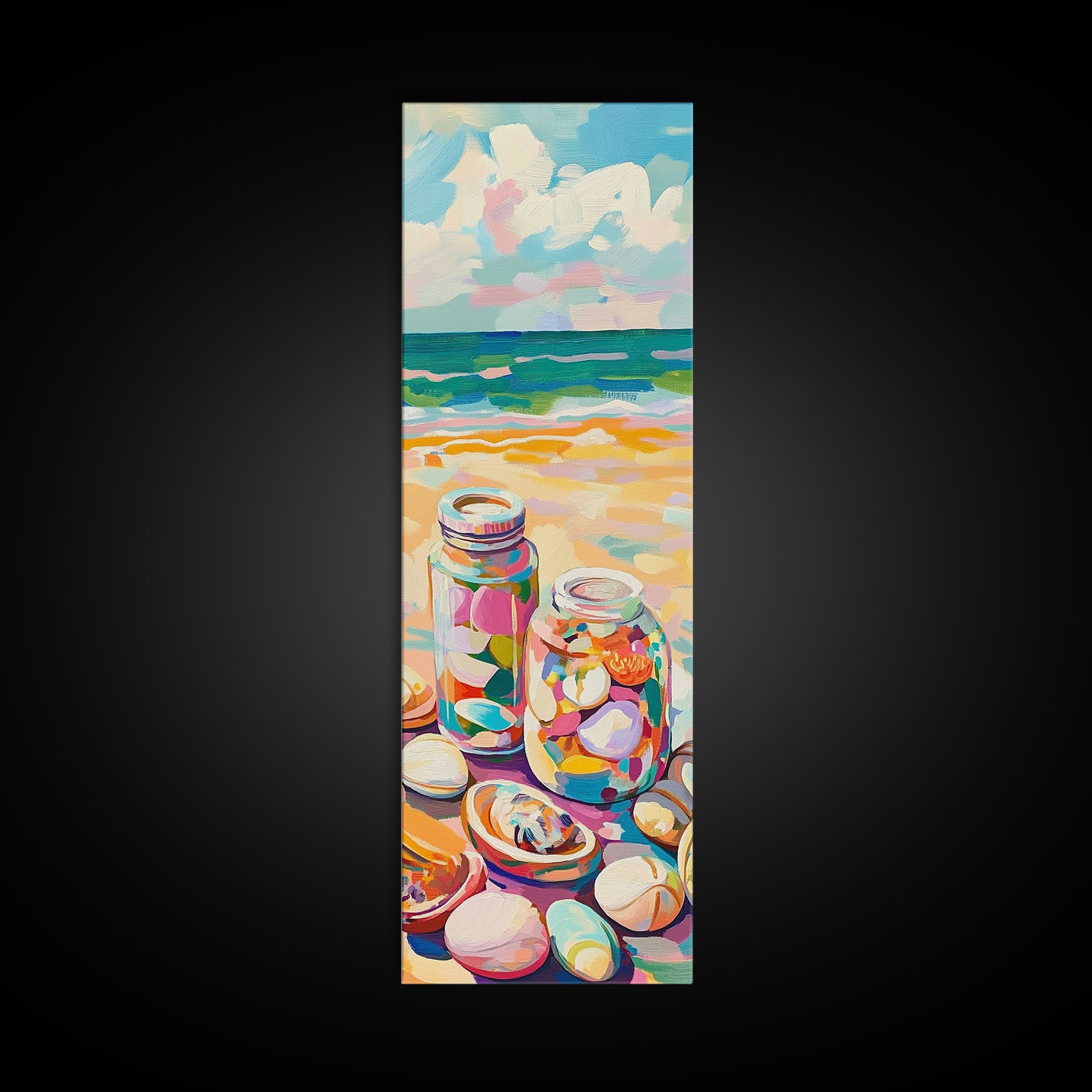 Beach Seashell Jars Canvas Print, Coastal Wall Art, Ocean Decor, Nautical Art Print, Beach House Living Room Decor Gift Idea