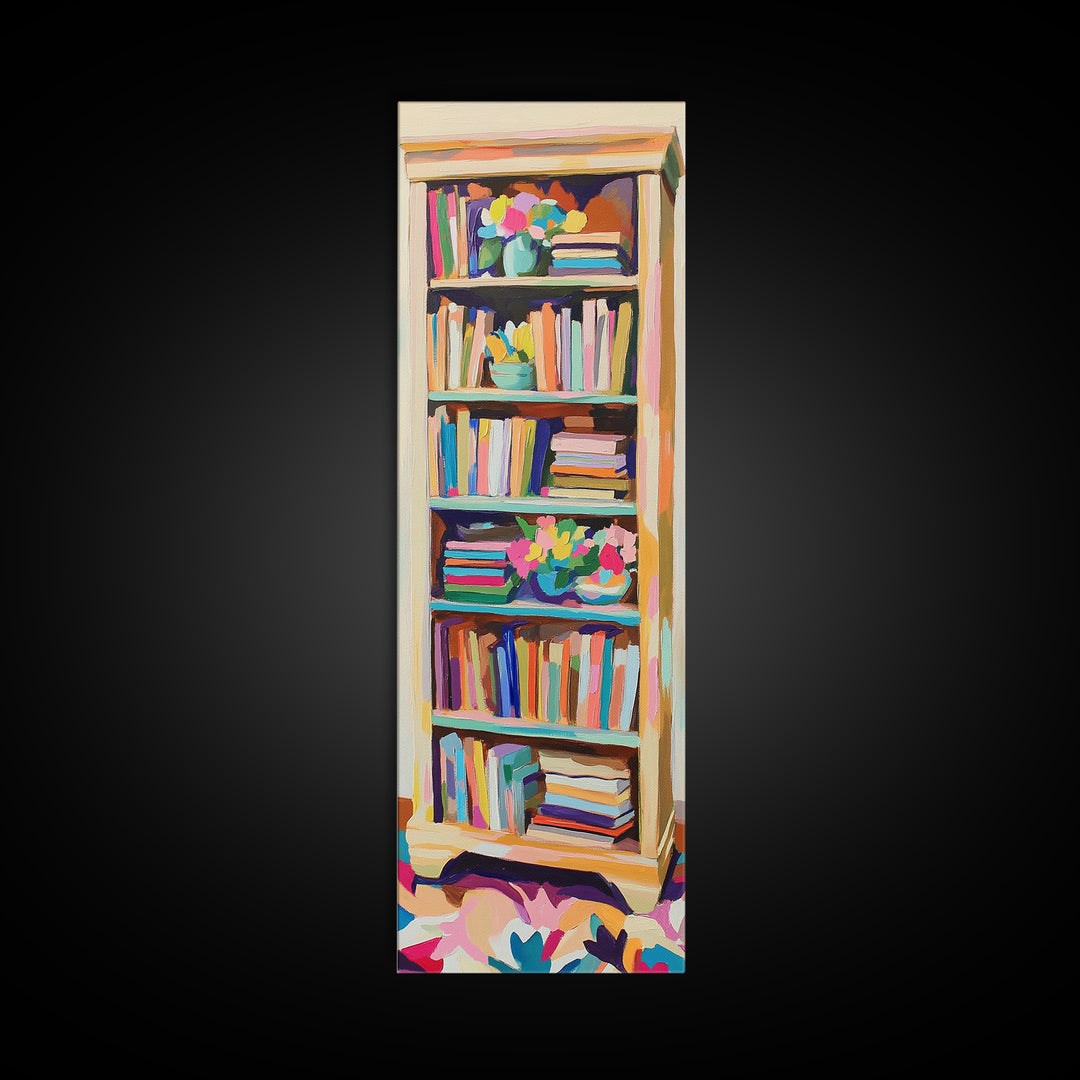 Tall Bookshelf And Flowers Canvas Print, Bookstore Wall Art, Library Decor, Book Lover Gift, Cozy Reading Nook Home Decor