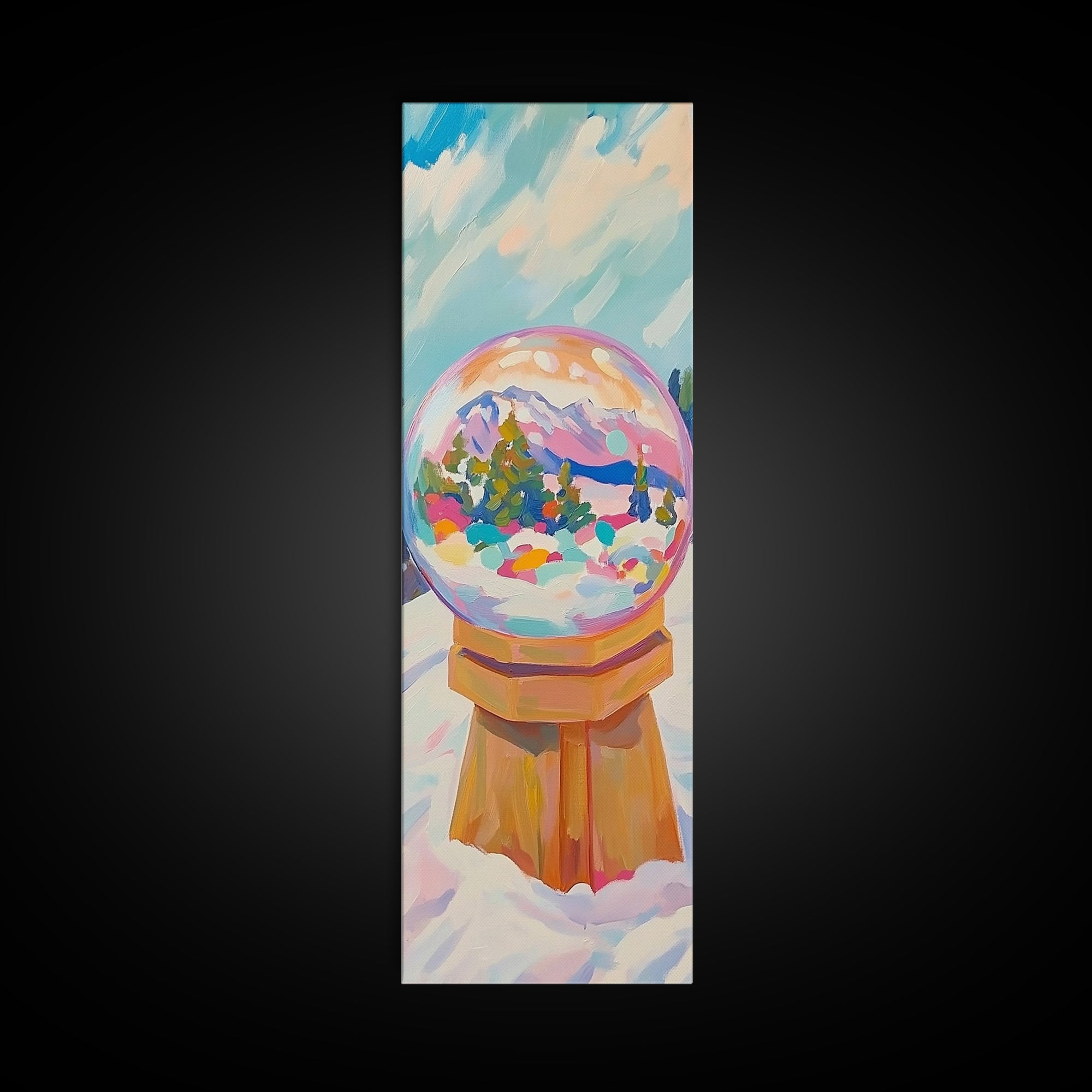 Mountain Snow Globe With Rainbow Winter Scene Framed Canvas Print, Whimsical Wall Art, Nursery Decor, Christmas Gift, Cozy Home Decor