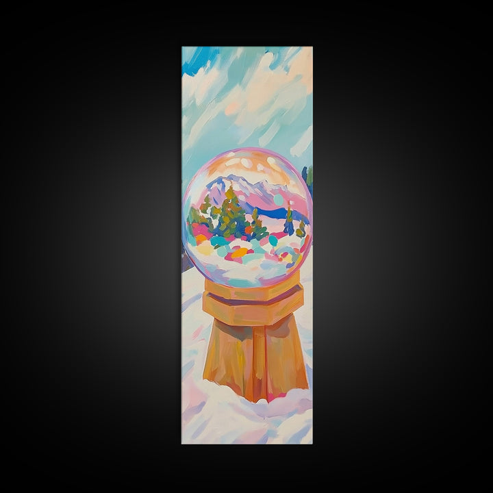 Mountain Snow Globe With Rainbow Winter Scene Framed Canvas Print, Whimsical Wall Art, Nursery Decor, Christmas Gift, Cozy Home Decor