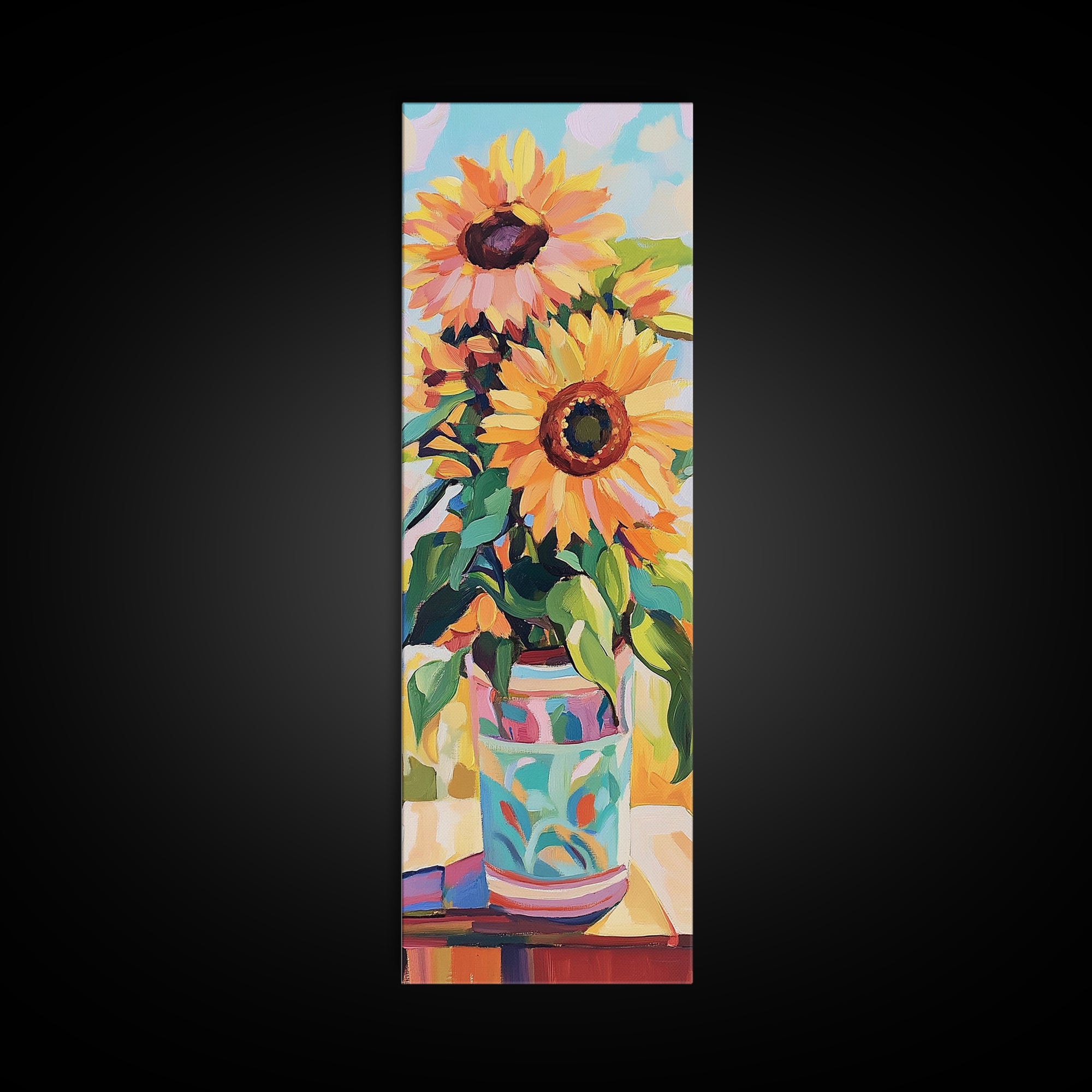 Bright Sunflowers In Patterned Vase Wall Art, Summer Floral Canvas Print, Farmhouse Kitchen Decor, Housewarming Gift For Her