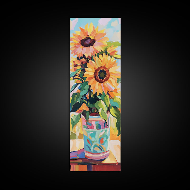 Bright Sunflowers In Patterned Vase Wall Art, Summer Floral Canvas Print, Farmhouse Kitchen Decor, Housewarming Gift For Her