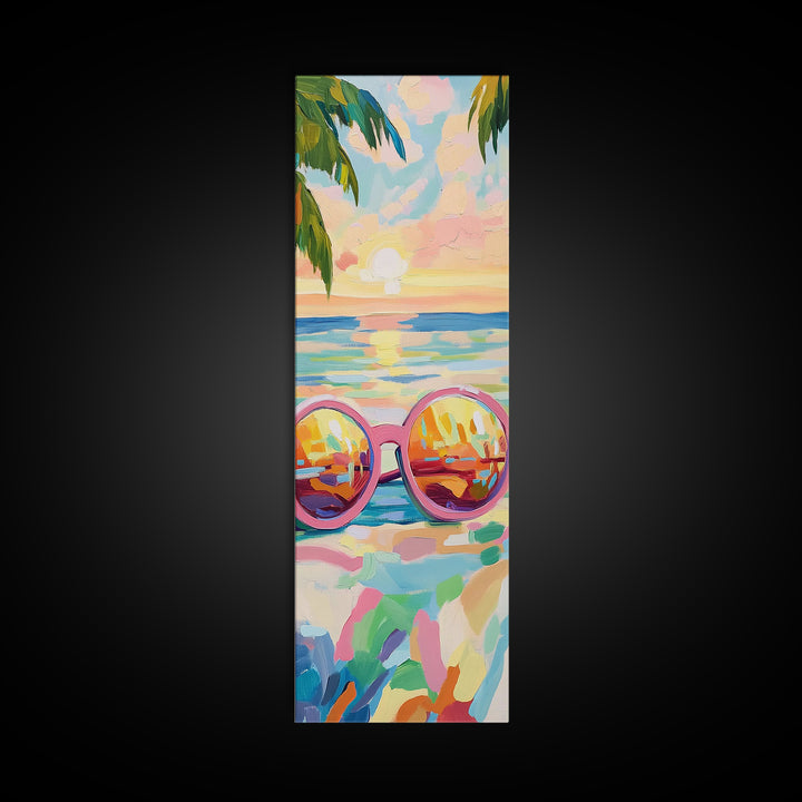 Pink Sunglasses On Beach Sunset Wall Art, Coastal Canvas Print, Tropical Ocean Decor, Summer Vacation Housewarming Gift For Her