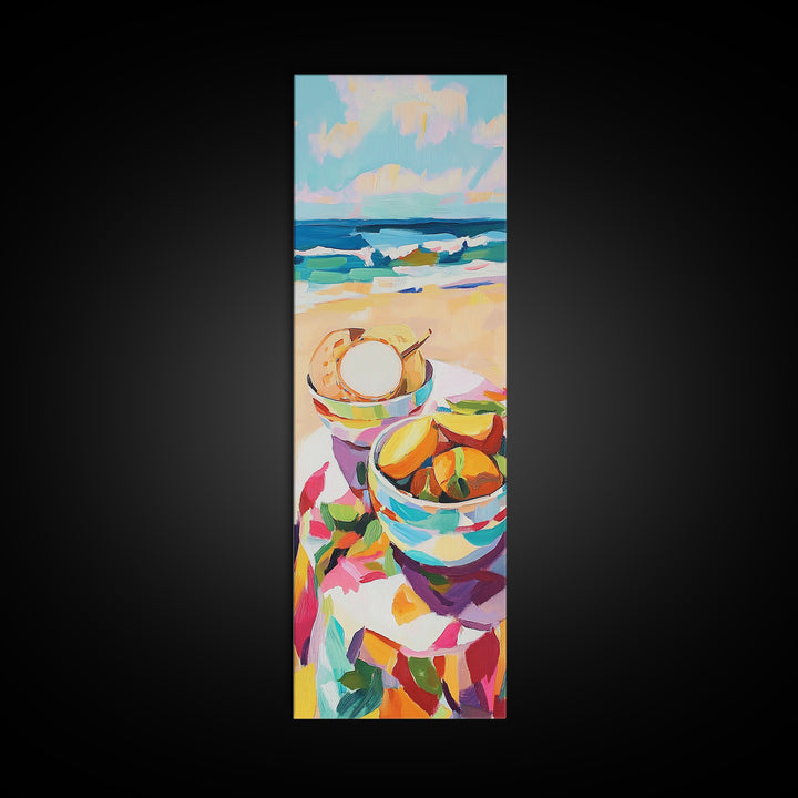 Beach Picnic Bowls And Seashell Painting, Coastal Canvas Print, Ocean Wall Art, Beach House Decor, Kitchen Art, Summer Decor
