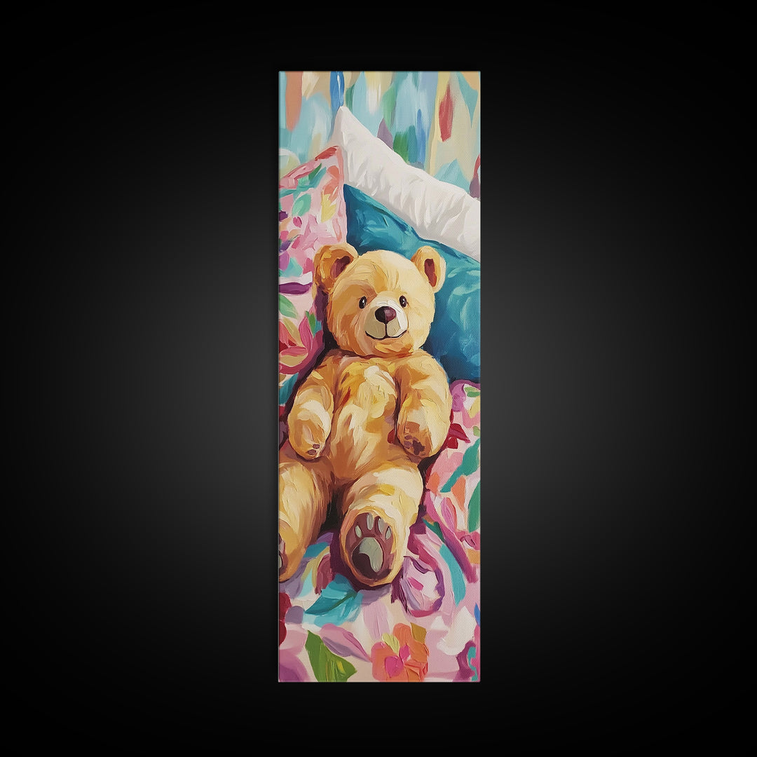 Teddy Bear On Floral Bed Painting, Whimsical Canvas Print, Nursery Wall Art, Kids Room Decor, Baby Shower Gift, Cute Wall Art