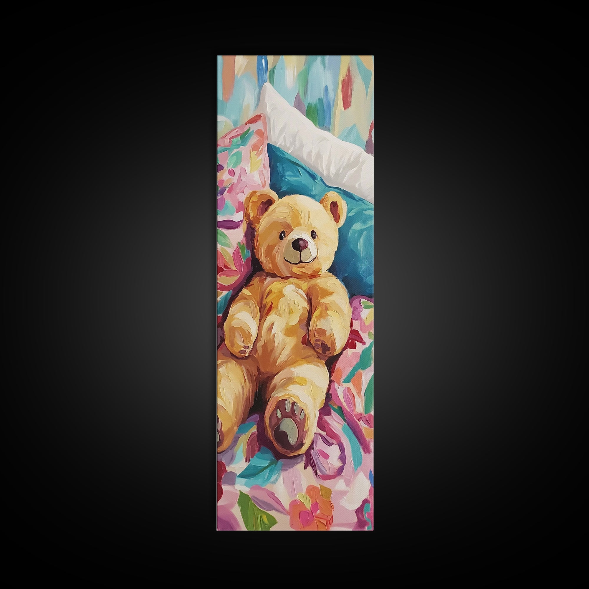 Teddy Bear On Floral Bed Painting, Whimsical Canvas Print, Nursery Wall Art, Kids Room Decor, Baby Shower Gift, Cute Wall Art