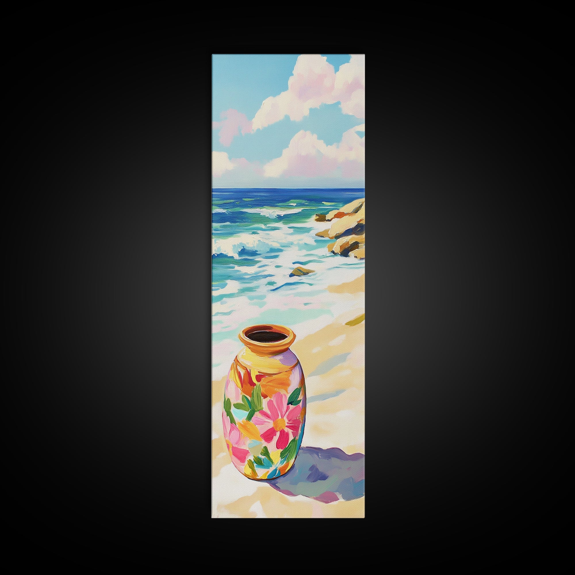 Floral Painted Vase On Sandy Beach Canvas Print, Coastal Wall Art, Ocean Decor, Tropical Flowers, Summer Housewarming Gift