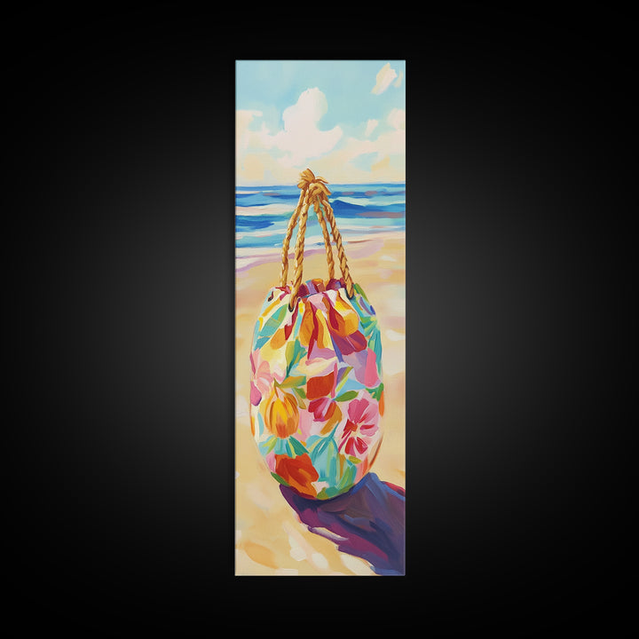 Floral Beach Tote On Sunny Shore Canvas Print, Coastal Wall Art, Beach House Decor, Tropical Decor, Summer Travel Gift For Her