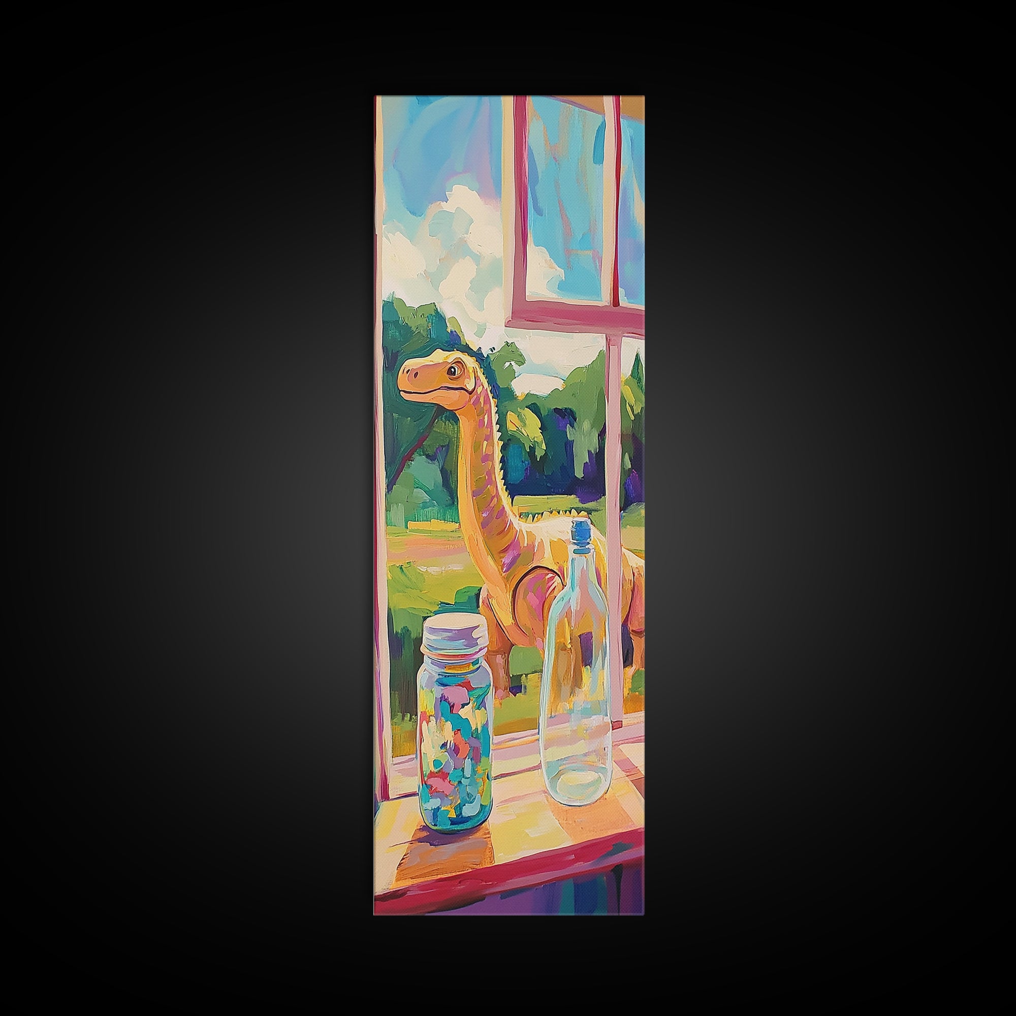 Whimsical Long Neck Dinosaur By Sunny Window Wall Art, Colorful Canvas Print, Kids Room Decor, Playful Nursery Art Print