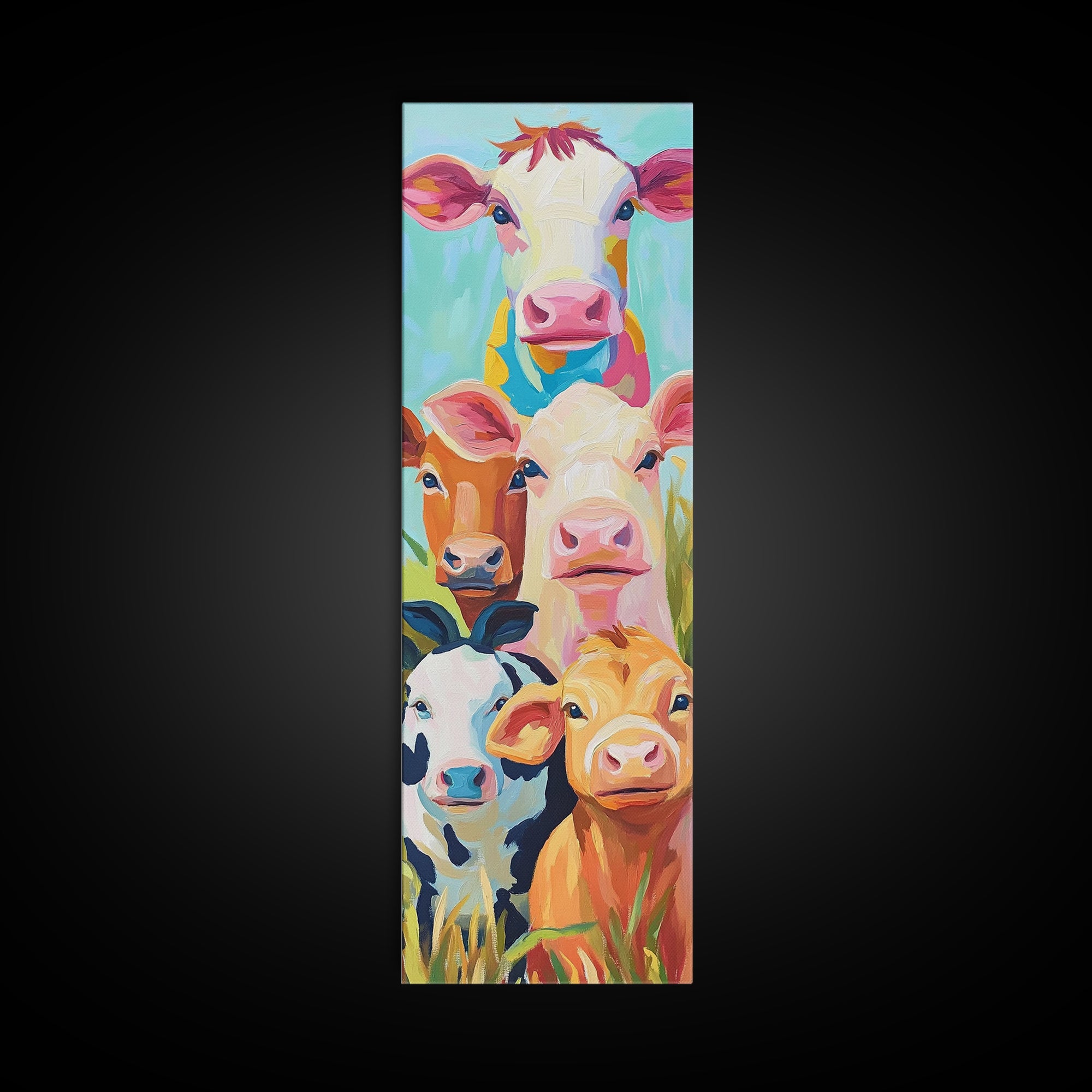 Cheerful Calves And Farm Cows Framed Canvas Print, Cute Animal Wall Art, Farmhouse Decor, Nursery Animal Art Gift For Kids Room