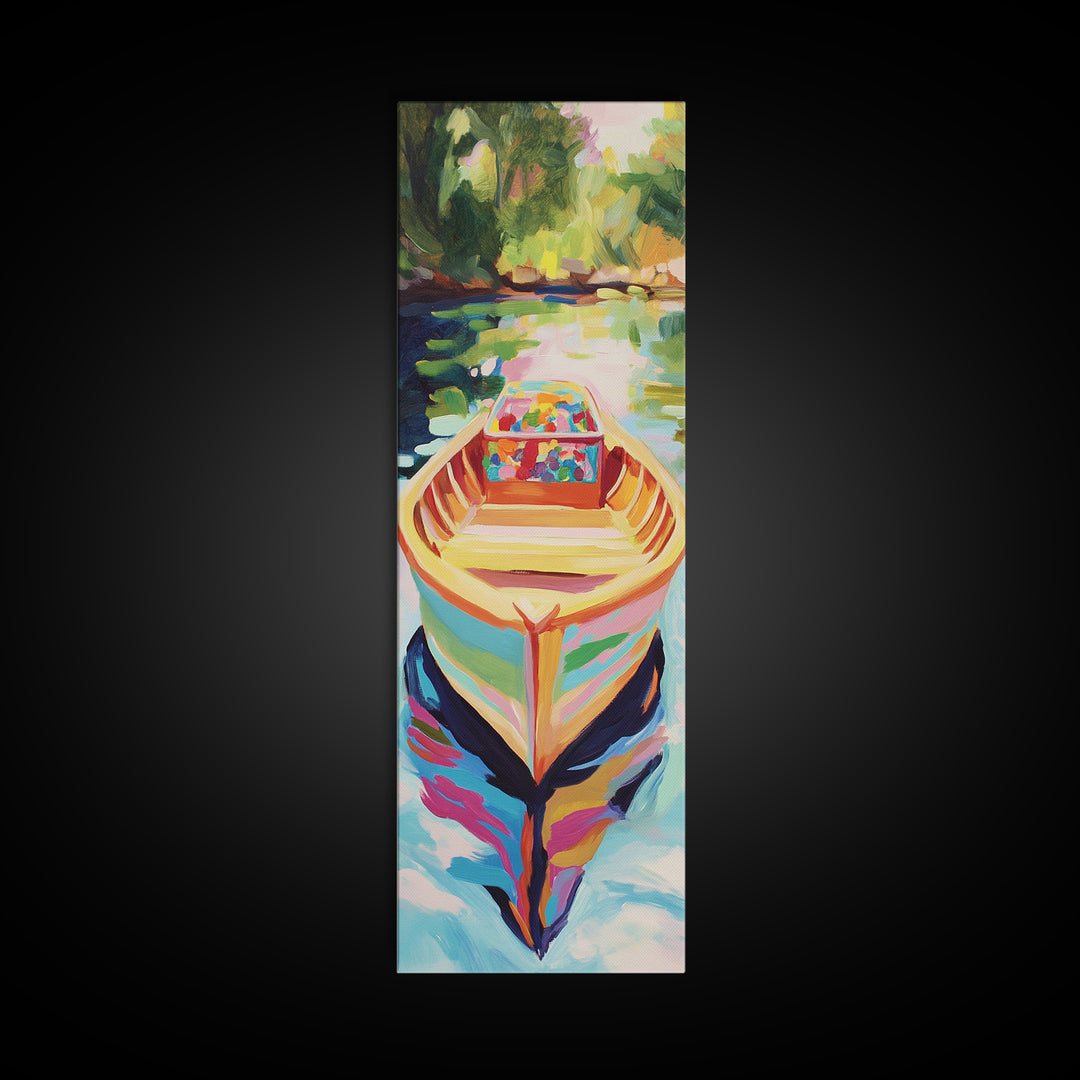 Colorful Rowboat On Sunlit River Wall Art, Coastal Lake Canvas, Bright Boho Home Decor, Living Room Art Print, Unique Housewarming Gift