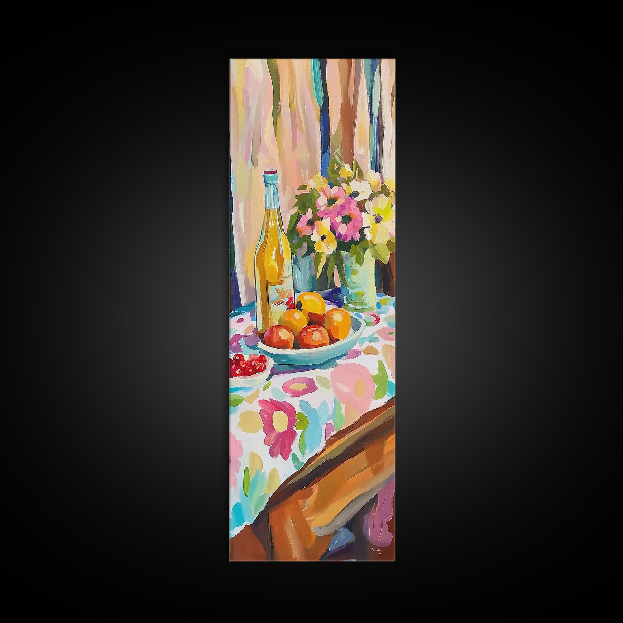 Wine Bottle Fruit And Flowers Wall Art, Colorful Kitchen Decor, Dining Room Art Print, Still Life Painting, Housewarming Gift