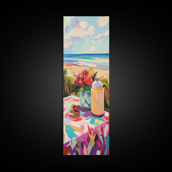 Beach Picnic Flowers And Shells Wall Art, Coastal Canvas Print, Ocean Living Room Decor, Beach House Art Gift For Her Decor