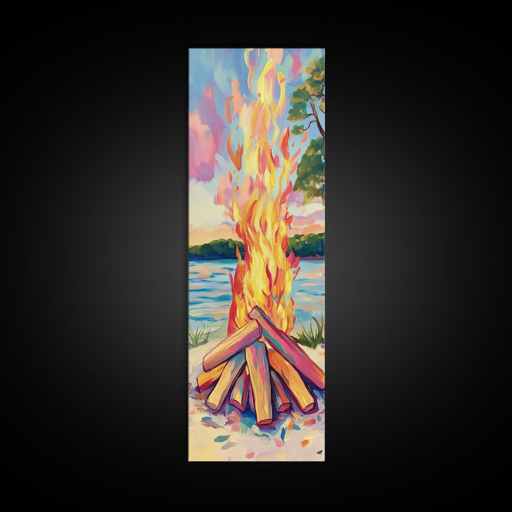 Lakeside Bonfire With Bright Flames Canvas Print, Cozy Rustic Cabin Wall Art, Campfire Decor, Summer Lake Housewarming Gift