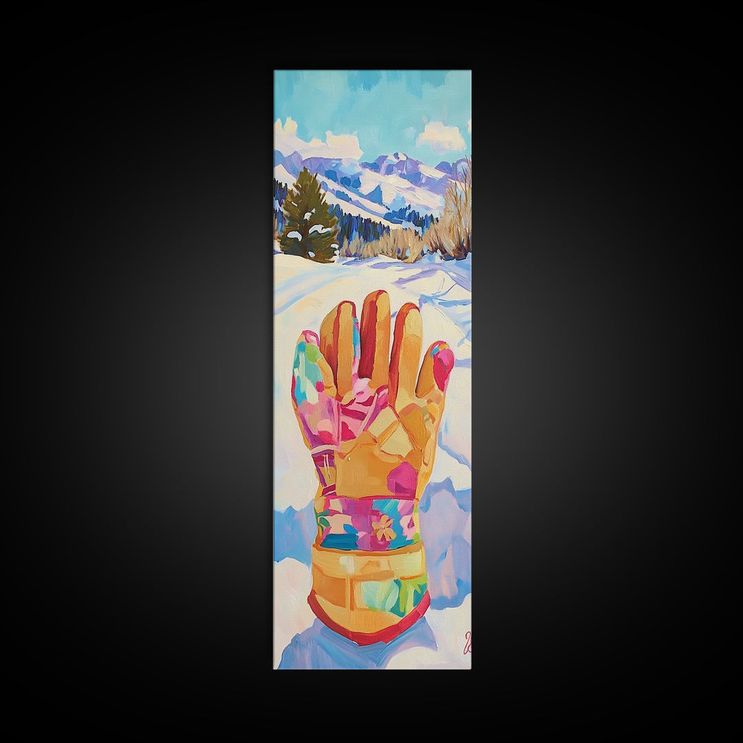 Colorful Winter Mitten In Snowy Mountain Landscape Wall Art, Ski Cabin Decor, Whimsical Kids Room Nursery Canvas Print Gift