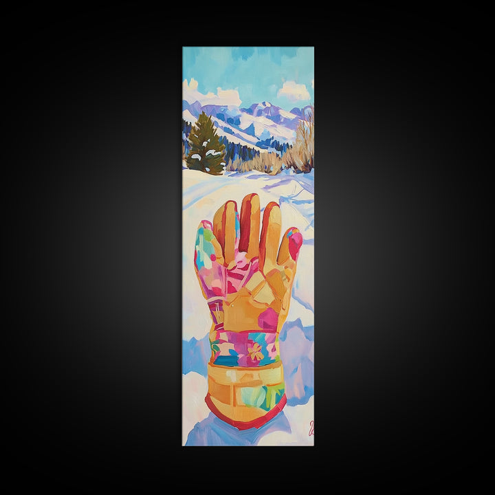 Colorful Winter Mitten In Snowy Mountain Landscape Wall Art, Ski Cabin Decor, Whimsical Kids Room Nursery Canvas Print Gift