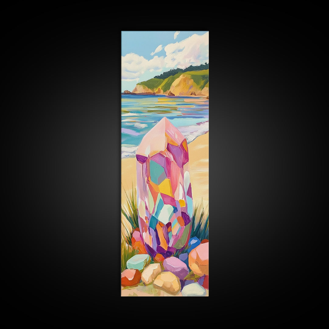Rainbow Crystal Beach Canvas Print, Coastal Wall Art, Colorful Gemstone Decor, Ocean Landscape Print, Boho Beach House Gift