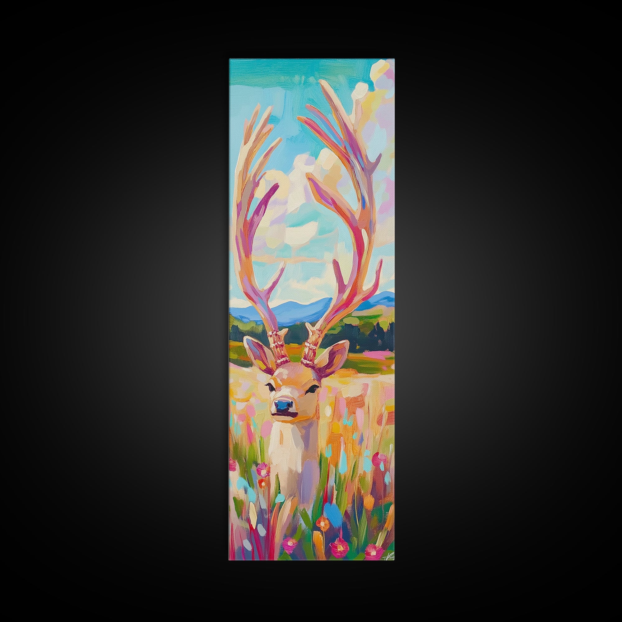 Whimsical Deer With Tall Antlers Canvas Print, Colorful Wildlife Wall Art, Meadow Landscape Decor, Rustic Nursery Gift, Animal Lover Gift