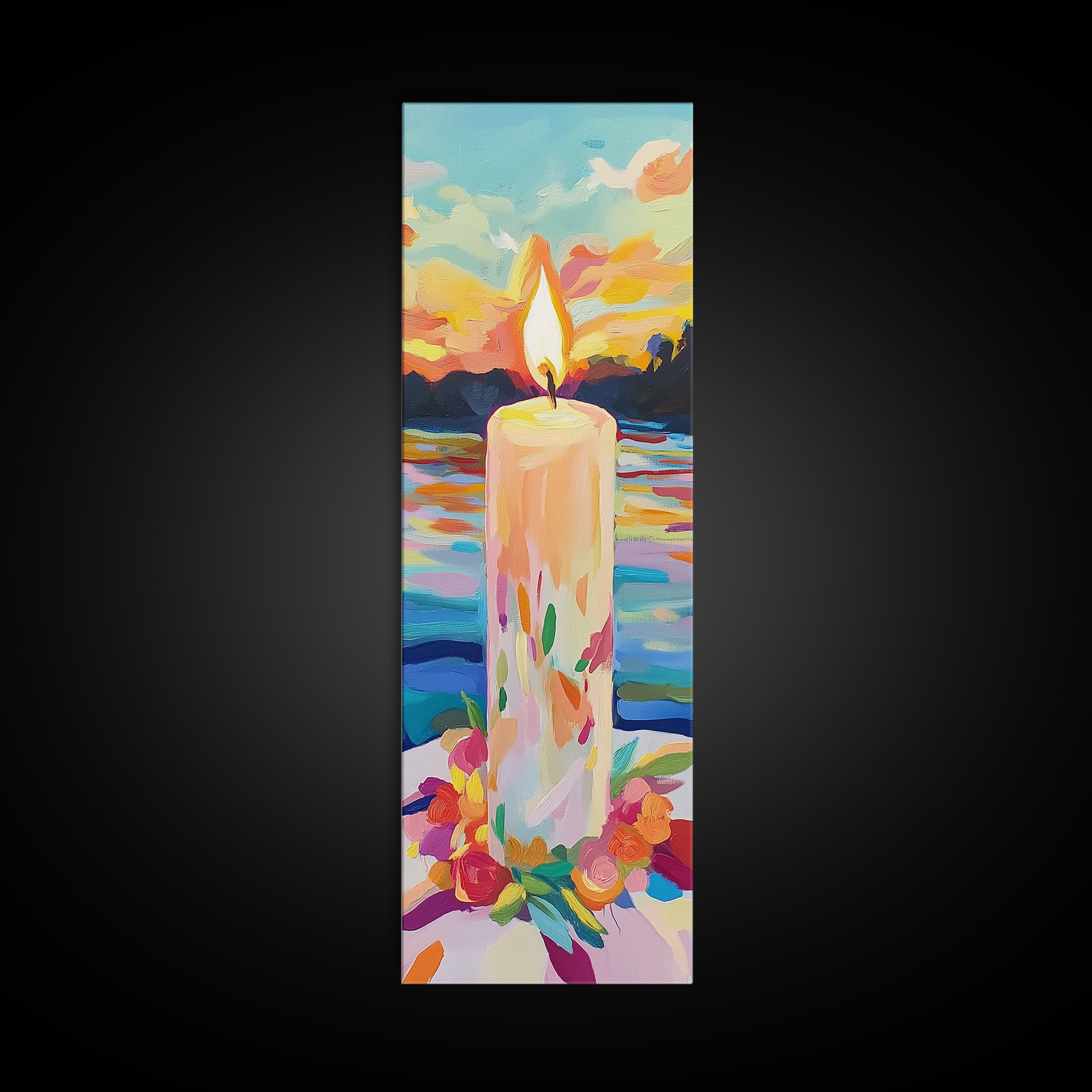 Floral Candle At Sunset Framed Canvas Print, Lake Landscape Wall Art, Cozy Spiritual Decor, Meditation Gift, Calming Print