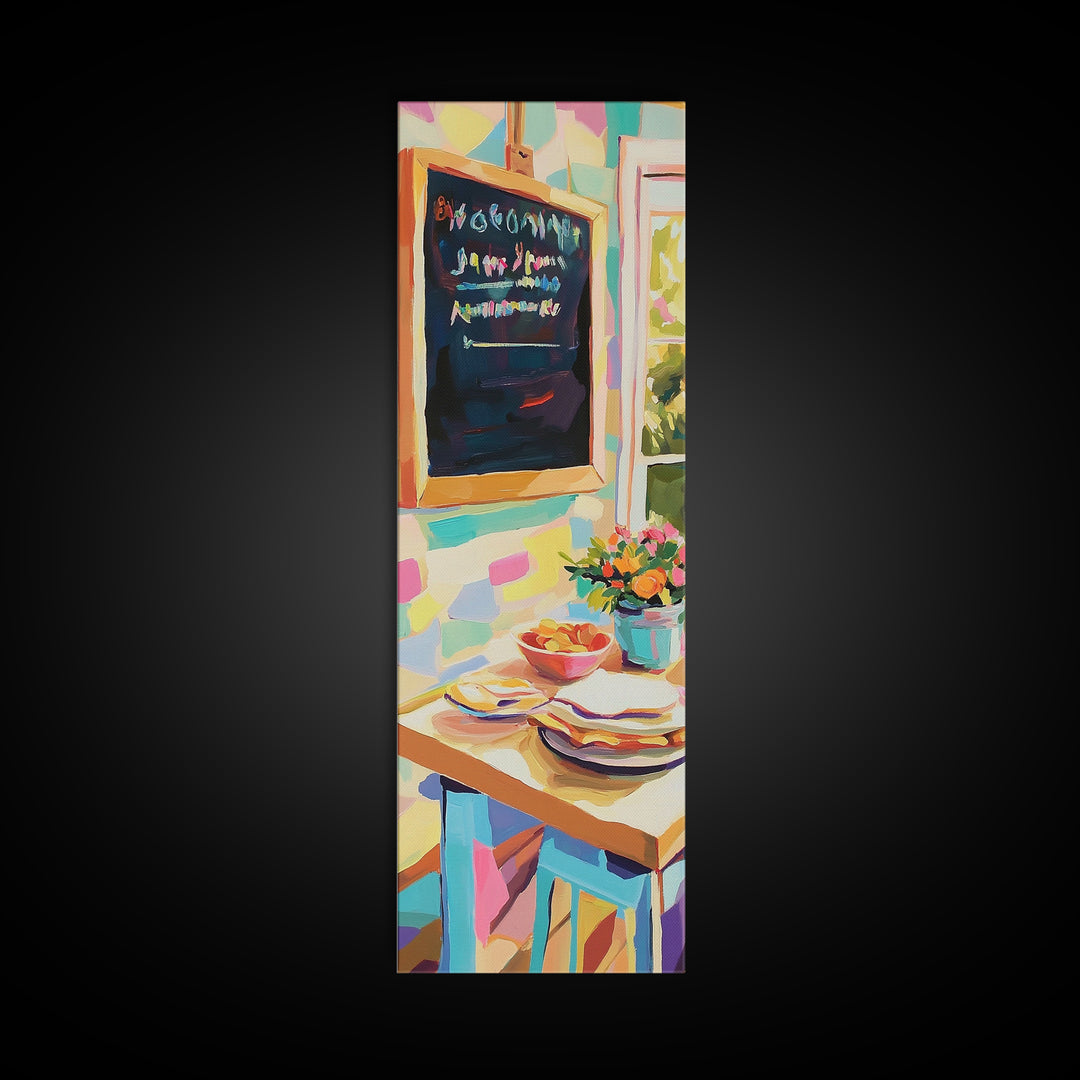 Cheerful Kitchen Table With Chalkboard Menu Wall Art, Breakfast Nook Canvas Print, Colorful Cafe Decor, Dining Room Print