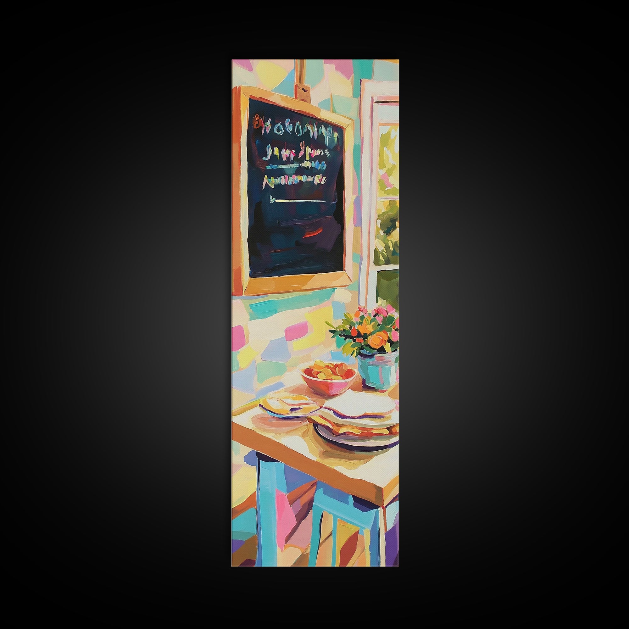 Cheerful Kitchen Table With Chalkboard Menu Wall Art, Breakfast Nook Canvas Print, Colorful Cafe Decor, Dining Room Print