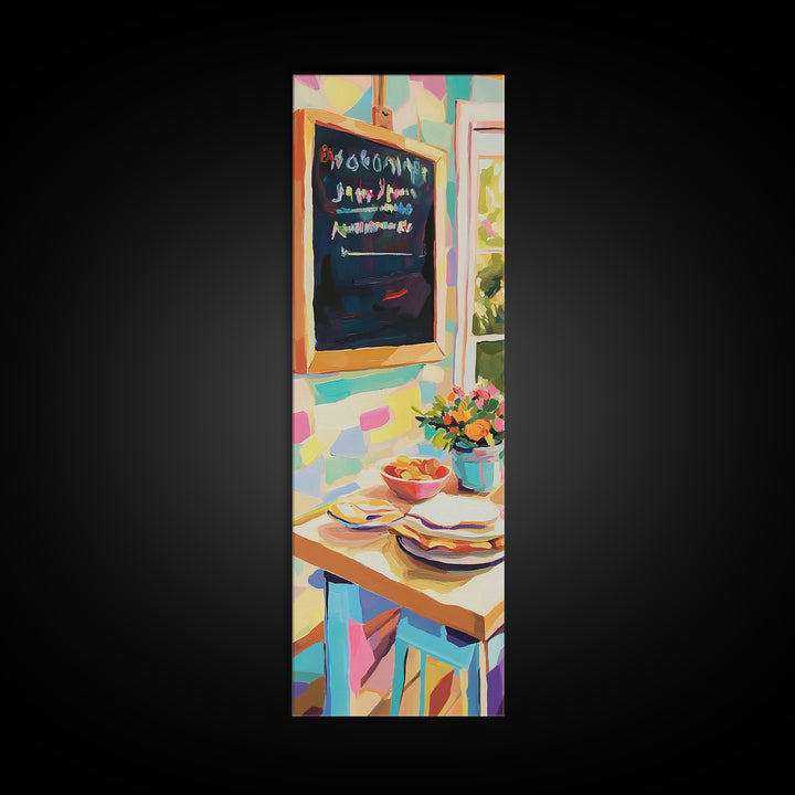 Cheerful Kitchen Table With Chalkboard Menu Wall Art, Breakfast Nook Canvas Print, Colorful Cafe Decor, Dining Room Print