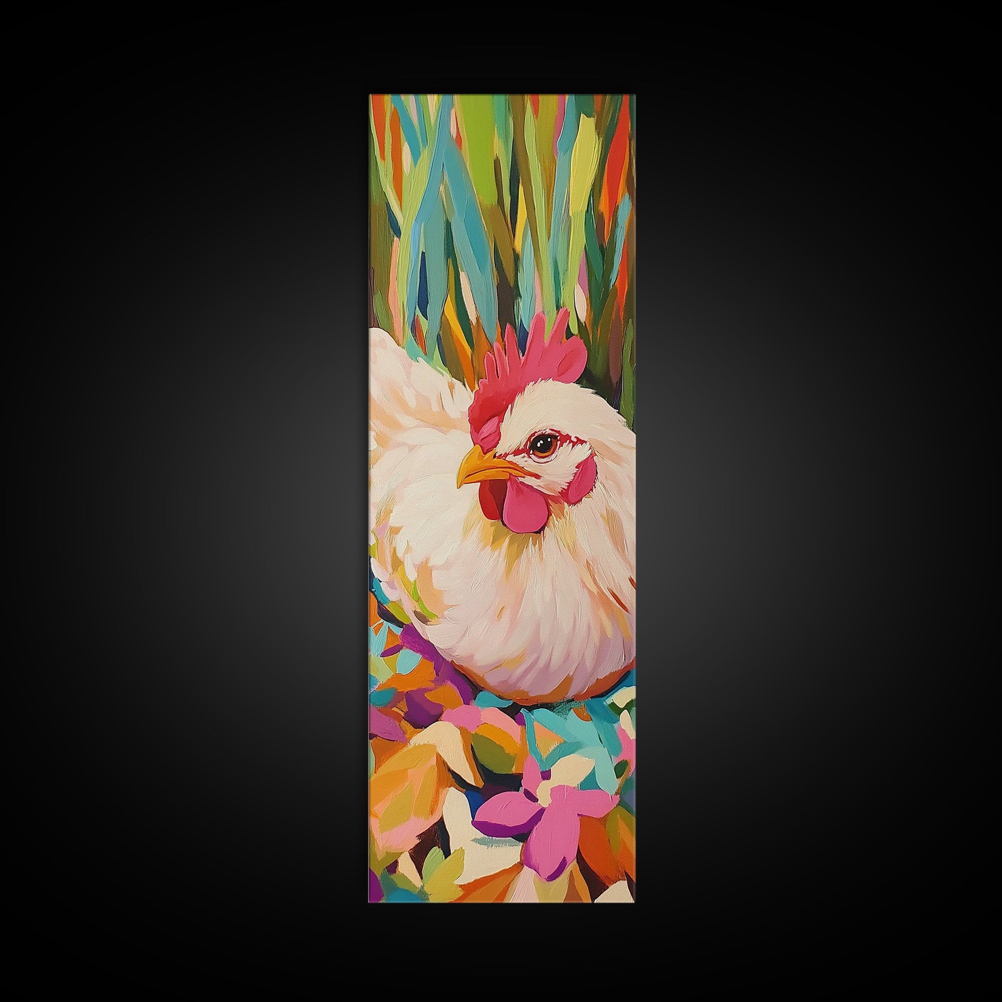 White Hen Among Tropical Leaves Framed Canvas Print, Colorful Animal Wall Art, Farmhouse Kitchen Decor, Whimsical Art Print