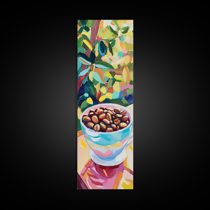 Coffee Beans In Blue Cup Canvas Print, Coffee Shop Wall Art, Cafe Decor, Kitchen Art, Gift For Coffee Lover, Cozy Decor Print