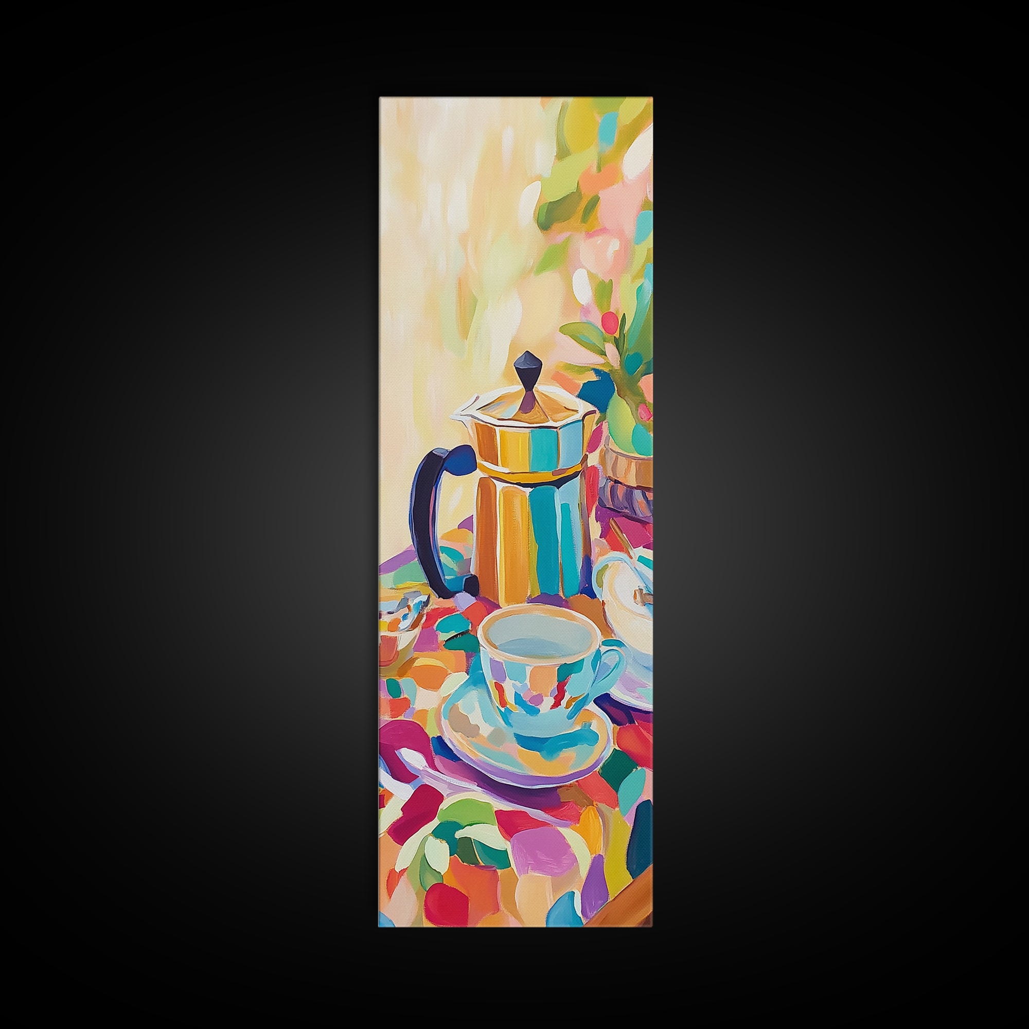 Bright Moka Pot And Teacups Framed Canvas Print, Coffee Bar Wall Art, Cafe Decor, Kitchen Wall Decor, Housewarming Gift Idea