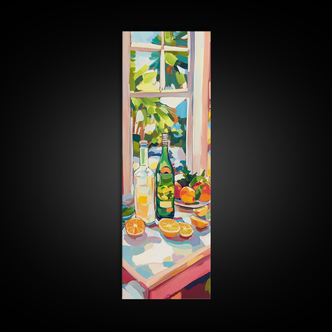 Sunny Window Bottles And Lemons Framed Canvas Print, Kitchen Wall Art, Citrus Wall Decor, Dining Room Prints, Home Decor