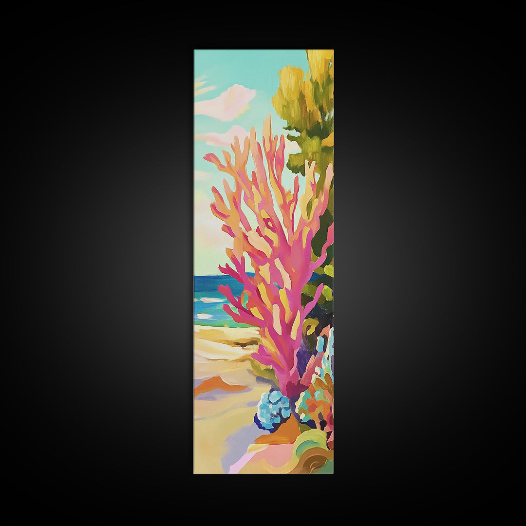 Pink Coral Reef By The Beach Canvas Print, Tropical Coastal Wall Art, Ocean Wall Decor, Bright Beach House Decor Gift For Her