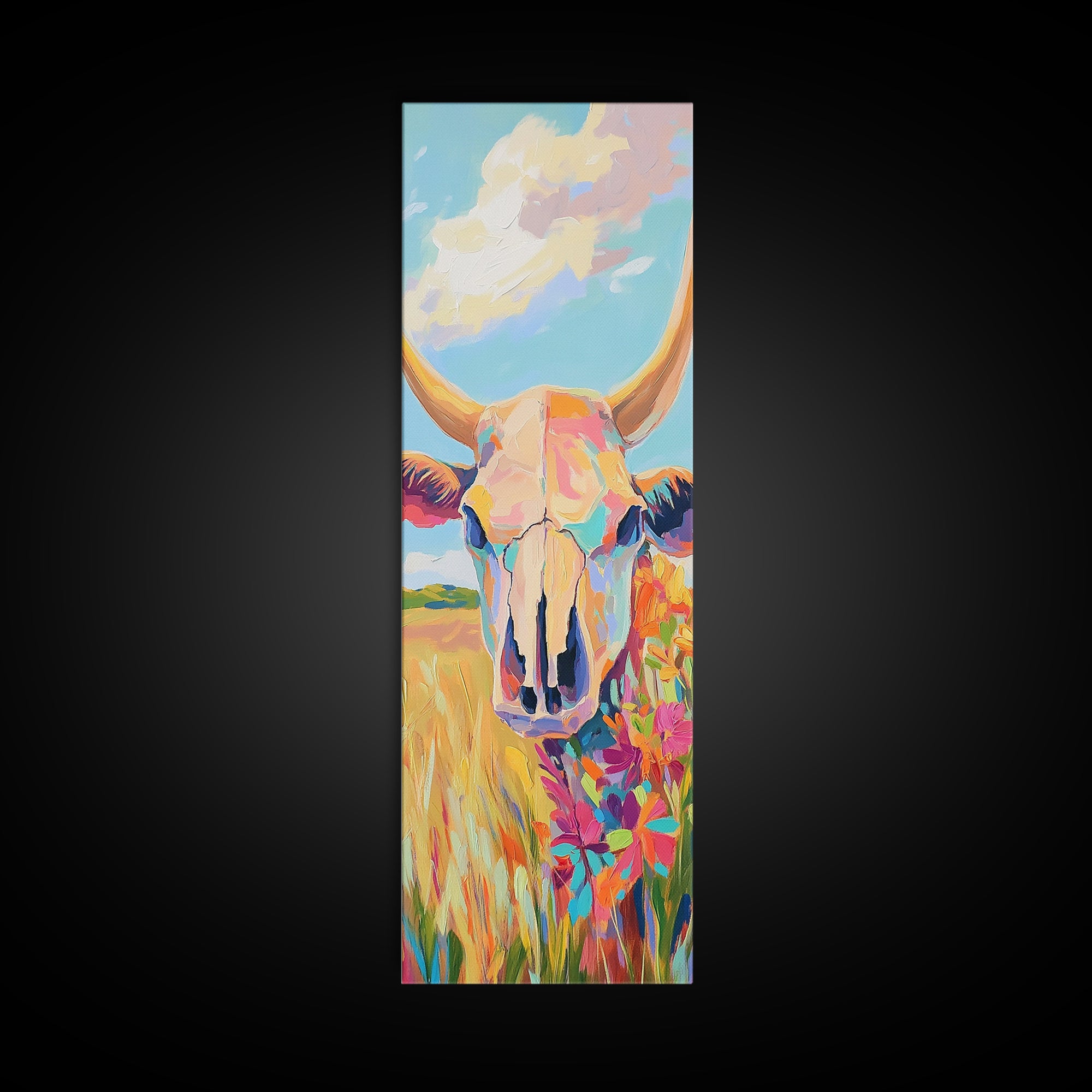 Pastel Cow Skull With Wildflowers Wall Art, Western Decor, Southwestern Canvas Print, Rustic Ranch Housewarming Gift For Her